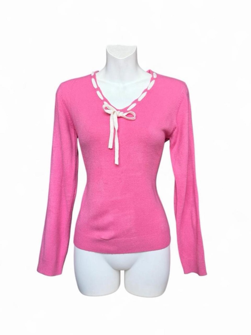 SML Sport Pink V-Neck Tie-Detail Sweater with Cream Trim